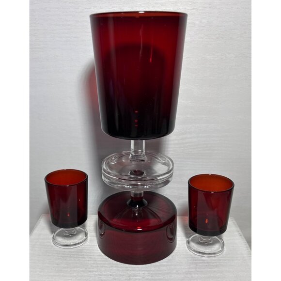 Vintage Ruby Red Pedestal Glassware Set Of 4 - Goblet Sherbet Dish 2 ShotGlasses - Picture 8 of 11